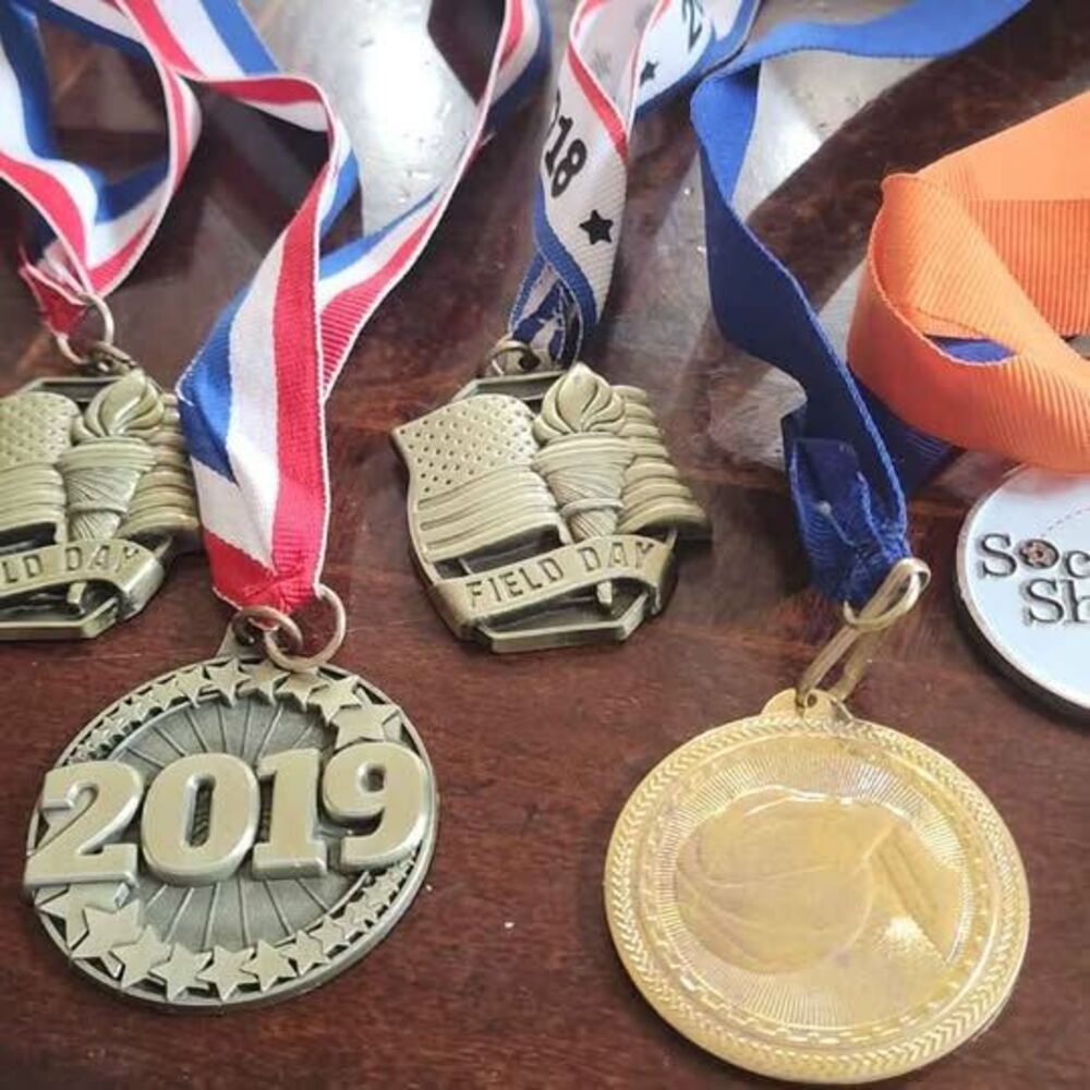 Set of 5 old sport award medals with fabric ribbon sash